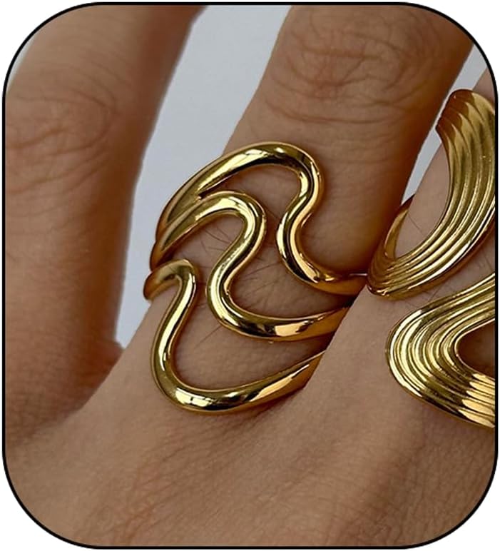 AiTURE Chunky Rings For Women, Gold Silver Thumb Ring Asymmetrical Wavy Curve Ring Adjustable Non Tarnish Dainty Stainless Steel New Year Anniversary Birthday Jewelry Gift - Image 1